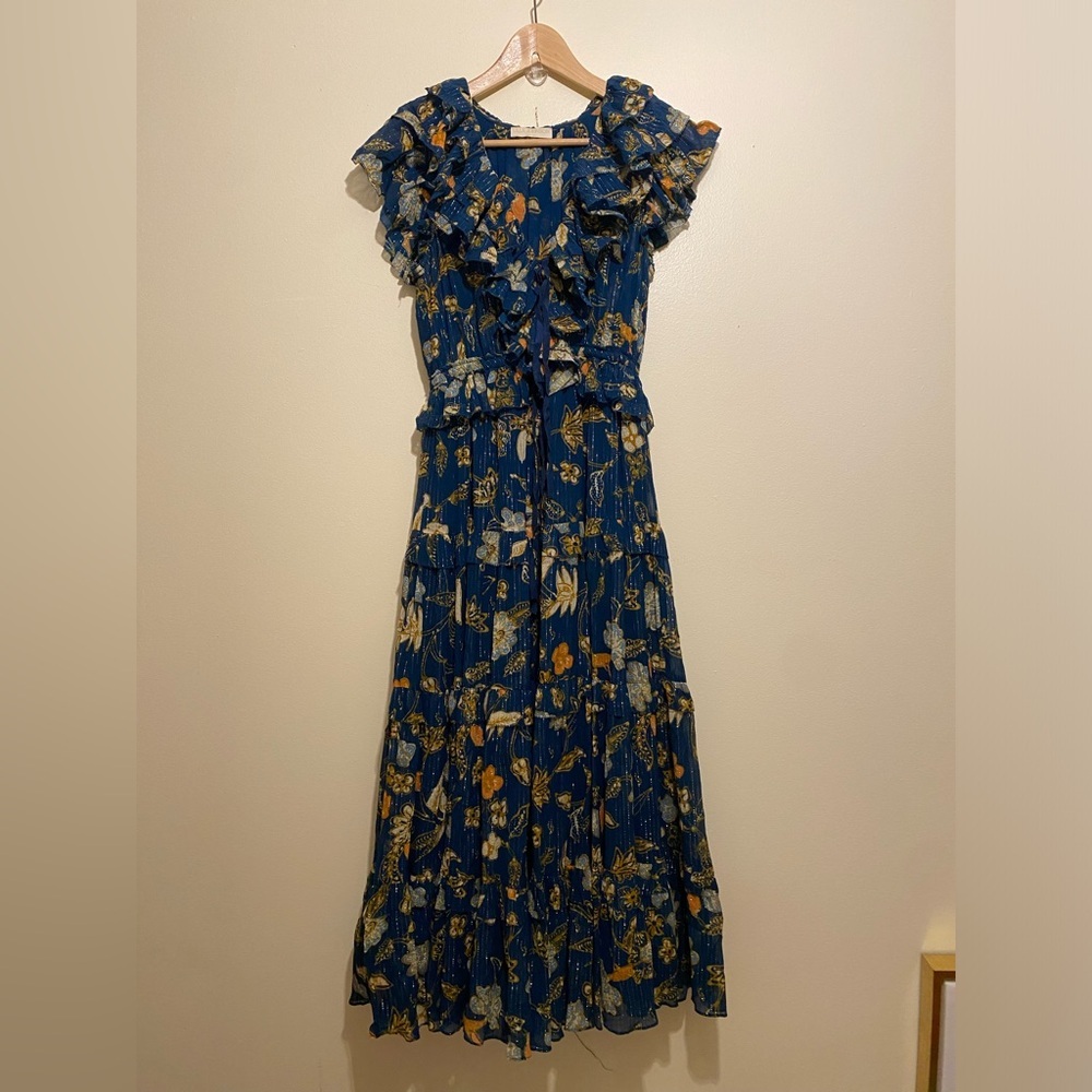Ulla Johnson Arisa Ruffled Metalic Teal Floral Maxi Dress. Size 2 - Picture 4 of 11